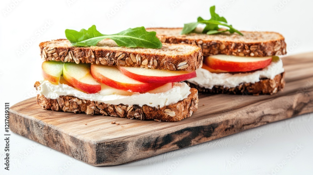 Healthy oat bread sandwich with apple slices and cream cheese on a wooden board Copy Space Healthy oat bread sandwich with apple slices and cream cheese on a wooden board Copy Space
