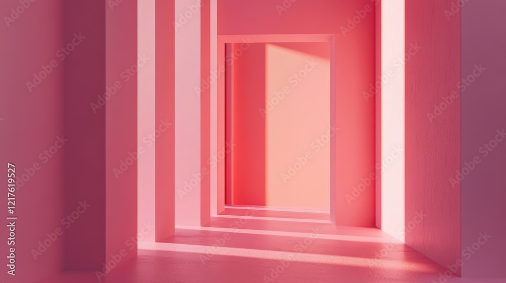 Abstract interior space with pink walls and multiple doorways, soft light casting shadows, minimalistic design, Copy Space available. Abstract interior space with pink walls and multiple doorways, soft light casting shadows, minimalistic design, Copy Space available.
