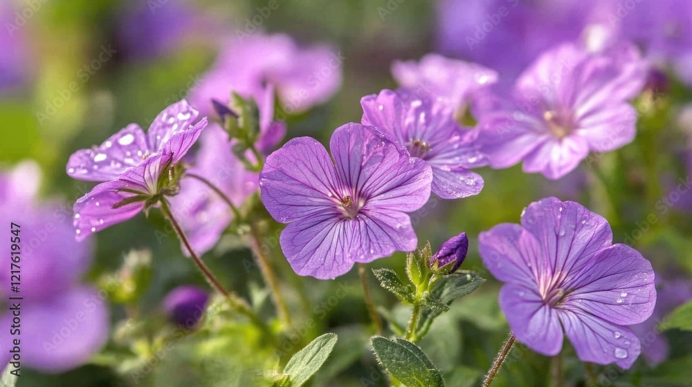 Purple wildflowers with dew drops on petals in a natural setting focused on floral details Copy Space Purple wildflowers with dew drops on petals in a natural setting focused on floral details Copy Space
