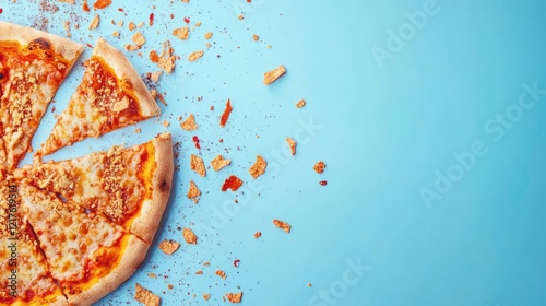 Pizza slice with crumbs on a blue background Copy Space food photography photo