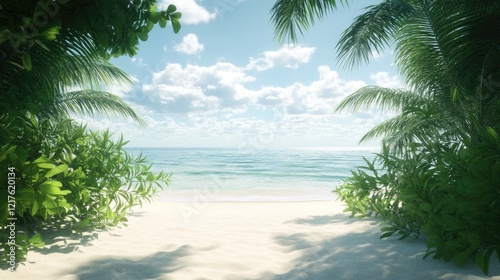 Tropical beach landscape with palm trees and green foliage framing tranquil ocean view under a clear blue sky Copy Space photo