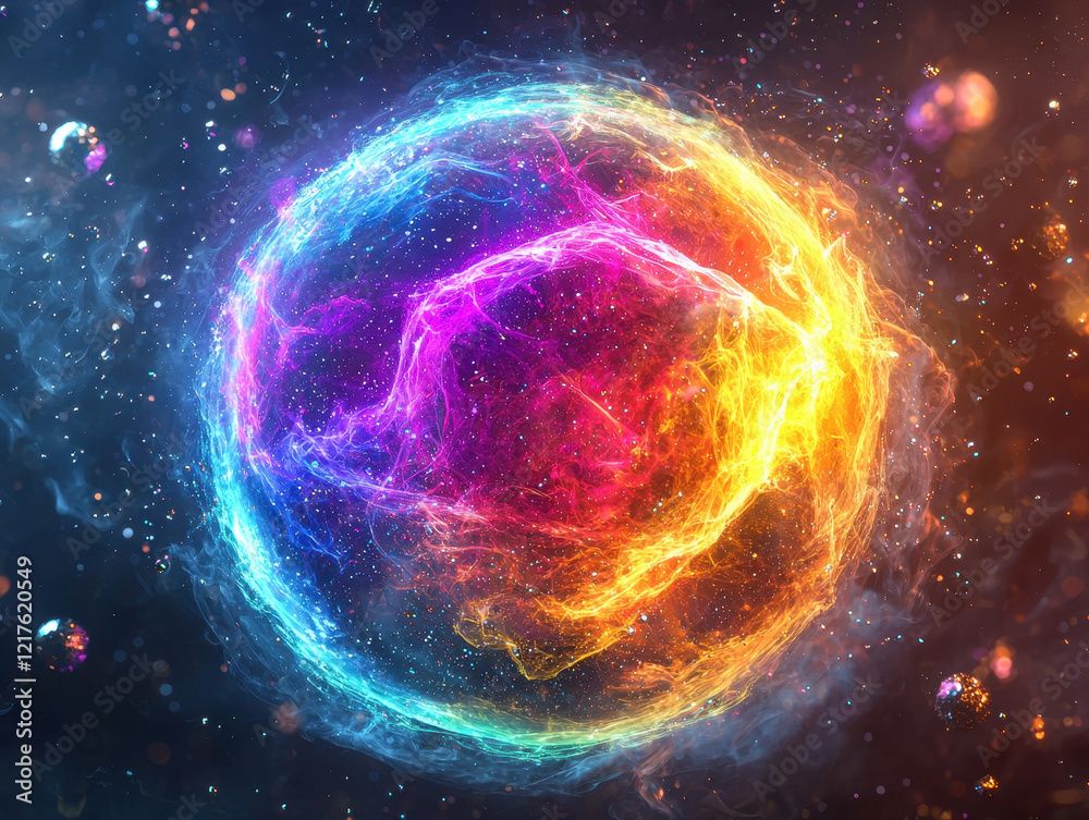 Obraz premium Vibrant abstract light sphere representing a quantum qubit surrounded by radiant energy arcs and cosmic particles in a dynamic, ultra-realistic 8k setting