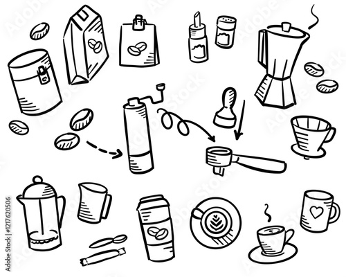 Hand drawn Coffee icon vector set, doodle illustration. barista menu cartoon latte espresso. Coffee shop elements