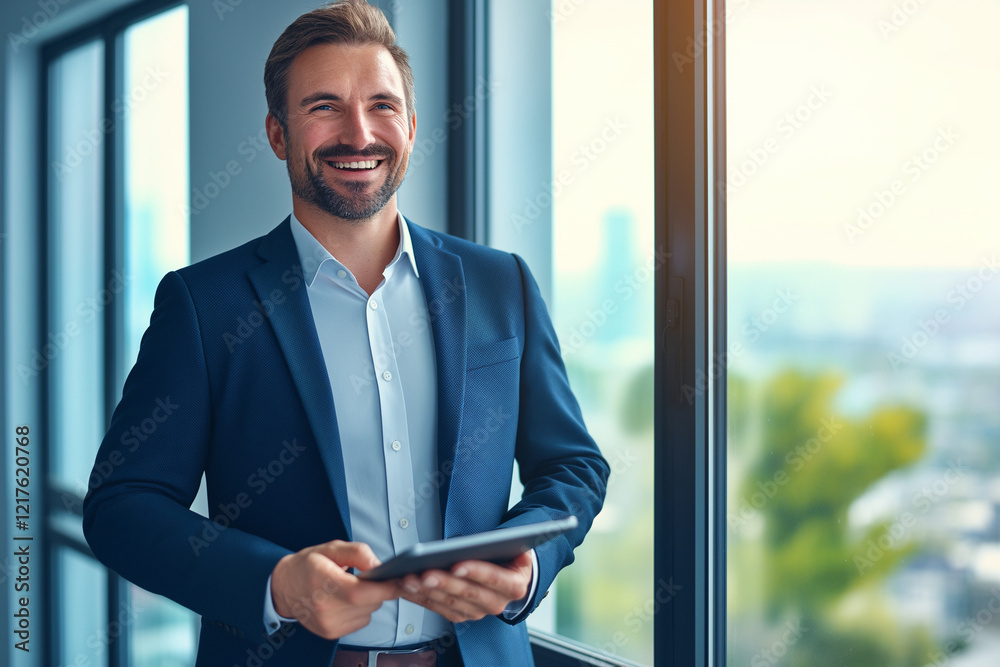 Fototapeta premium Confident Businessman in Blue Suit Smiling by Window with Tablet