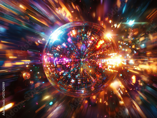 Vibrant quantum qubit light sphere radiating dynamic energy and floating particles in a mesmerizing cosmic display photo