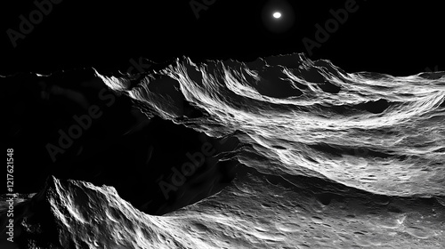 Cratered surface of distant moonlit planet with crisscrossing ridges and valleys, valled, barren. Moonlit Ridge. Illustration photo