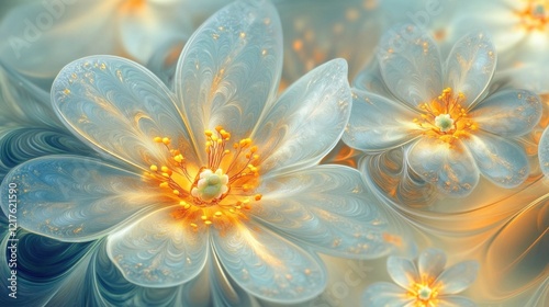 Gentle floral design with delicate soft blue petals and bright yellow centers in a dreamy abstract background Copy Space