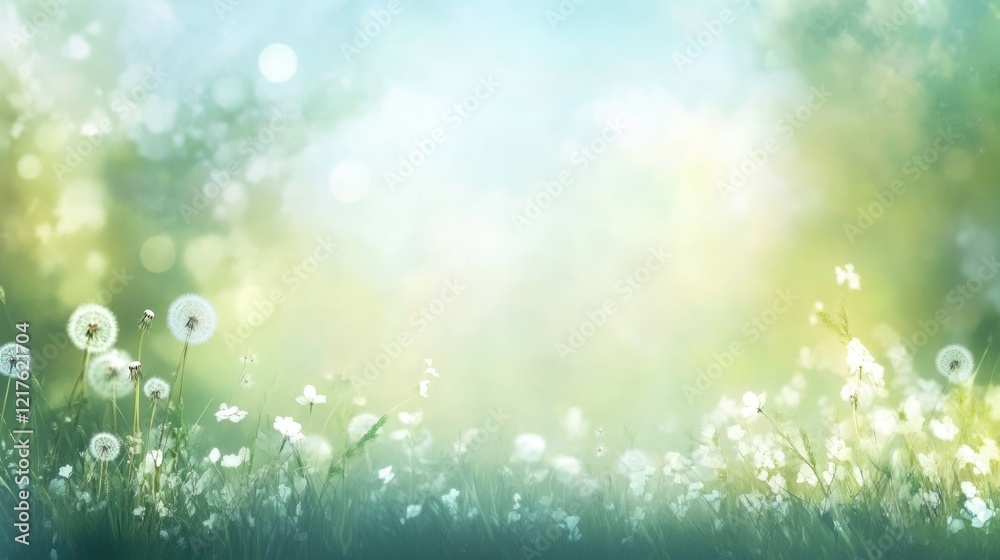 Soft focus floral background with dandelions and white flowers in a green meadow with bokeh effect and ample copy space. Soft focus floral background with dandelions and white flowers in a green meadow with bokeh effect and ample copy space.