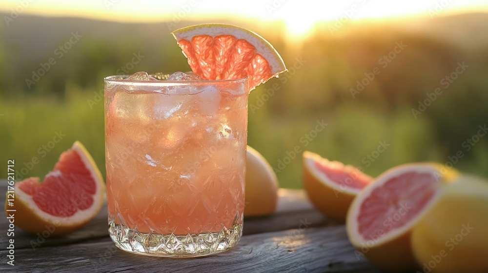 Refreshing grapefruit cocktail with ice in a glass garnished with a grapefruit slice against a sunset background Copy Space Refreshing grapefruit cocktail with ice in a glass garnished with a grapefruit slice against a sunset background Copy Space