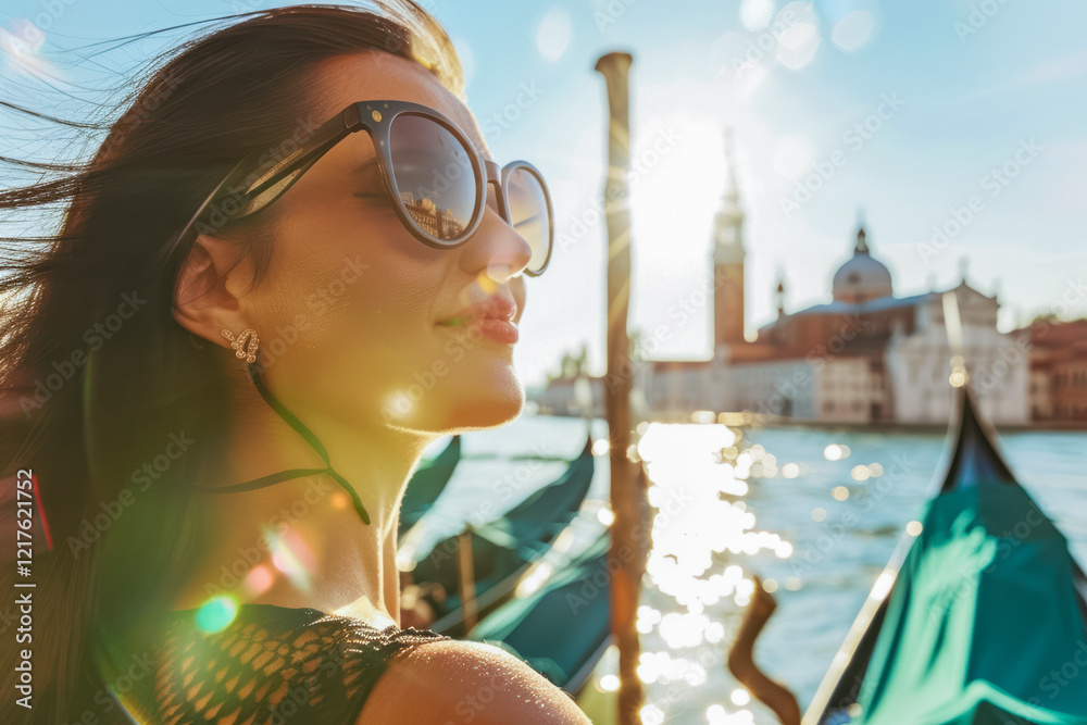 Hübsche brünette Frau mit Sonnenbrille an einem Canal in Venedig, Italien, Generative AI