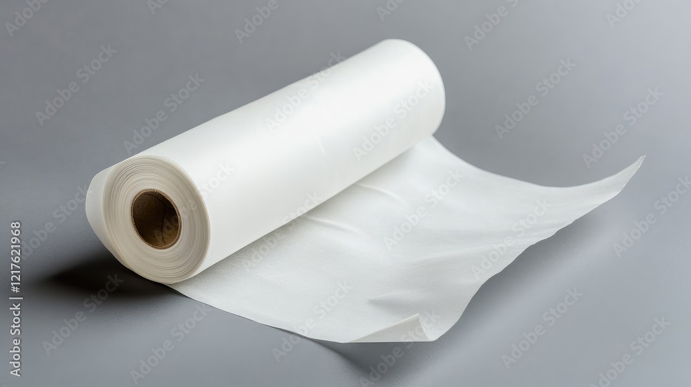 Roll of white parchment paper on a gray background with smooth texture and ample copy space for text placement Roll of white parchment paper on a gray background with smooth texture and ample copy space for text placement