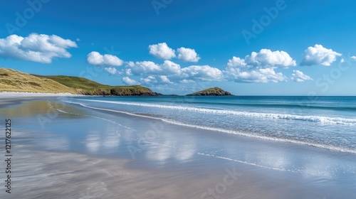 Coastal landscape with tranquil beach waves under a clear blue sky and white clouds in the background Copy Space photo