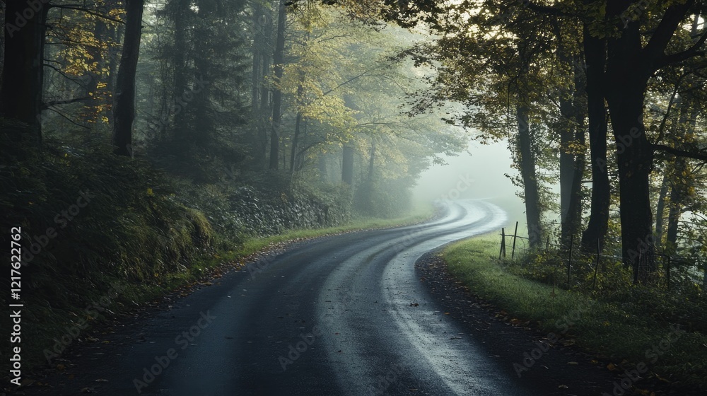 Curvy road through a misty forest with autumn foliage and soft light rays, ideal for nature and travel concepts, Copy Space available Curvy road through a misty forest with autumn foliage and soft light rays, ideal for nature and travel concepts, Copy Space available