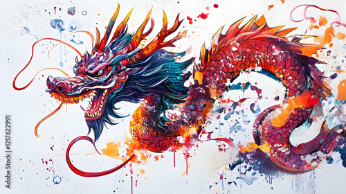 Asian-inspired dragon drawn in vibrant 2D