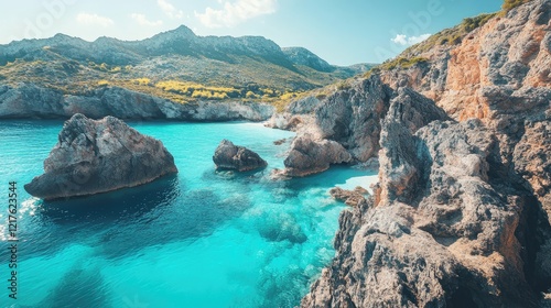 Stunning coastal landscape with turquoise water rocky shoreline and mountainous terrain in the background Copy Space photo