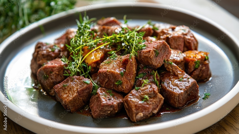 Grilled beef cubes garnished with fresh herbs served on a round plate with vegetables Copy Space Grilled beef cubes garnished with fresh herbs served on a round plate with vegetables Copy Space
