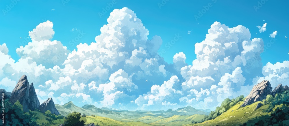 Fototapeta premium Lush green landscape with rolling hills and dramatic cumulus clouds under a bright blue sky Copy Space