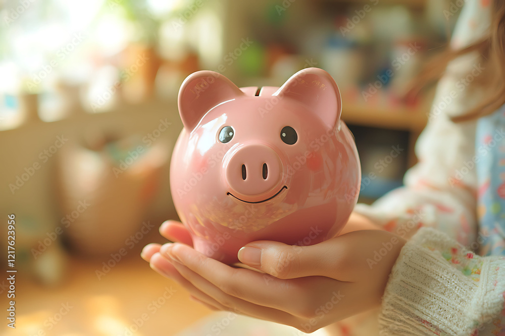 Closeup of childs hands gently holding a pink piggy bank.  Warm, soft lighting evokes feelings of savings, childhood, and financial security.