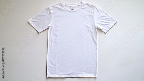 A high-angle flat lay of a white T-shirt with a round neck, neatly placed on a white surface, emphasizing the clean design and fabric texture photo