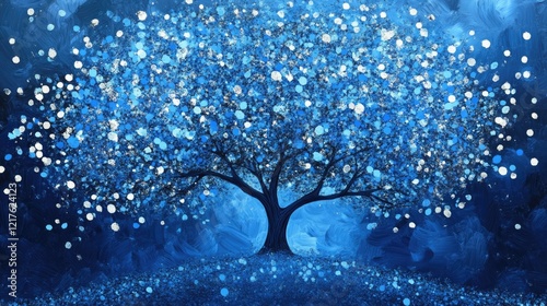 Blue abstract tree with glowing lights on a dark blue background featuring vibrant colors and artistic textures Copy Space