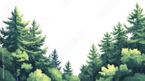 Lush green forest landscape with tall pine trees against a white background featuring ample Copy Space for text placement photo