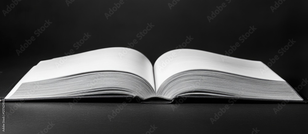 Open blank book on black background with copy space for text or design elements. Open blank book on black background with copy space for text or design elements.