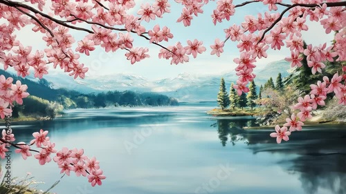 Cherry blossom branches with pink flowers over a calm lake and soft clouds in the background. Spring and nature concept. High quality 4k footage