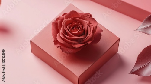 Red rose on a pink gift box with matching background and leaves Copy Space