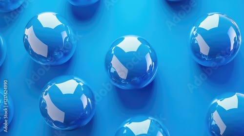 Blue glossy spheres on a smooth blue background with ample copy space for text placement