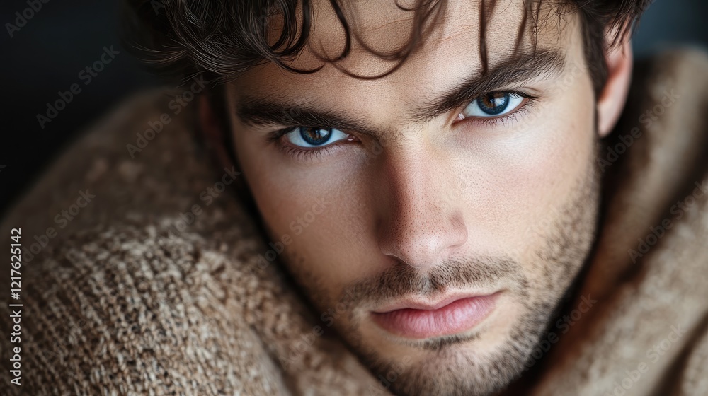 Close-up portrait of a young man with intense blue eyes and tousled hair wearing a textured sweater Copy Space Close-up portrait of a young man with intense blue eyes and tousled hair wearing a textured sweater Copy Space