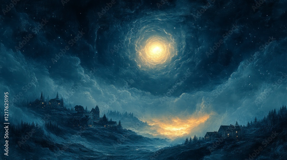 Naklejka premium Surreal night scene with a glowing celestial vortex above a village nestled in misty hills.