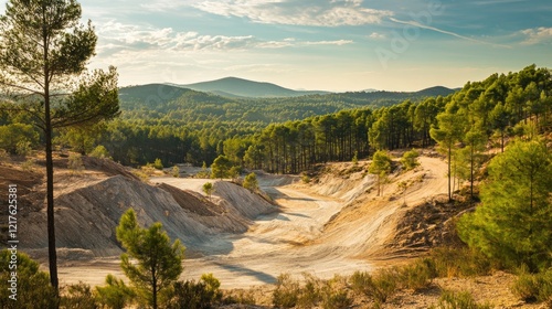 Natural landscape of a mountainous region with pine trees and open terrain under a clear sky, featuring copy space for text.