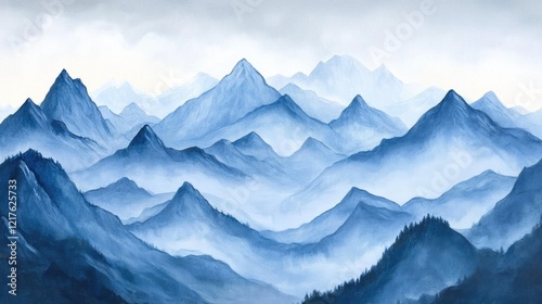 Wallpaper Mural Blue mountain landscape with misty valleys and peaks in layered formation, suitable for background use with copy space available. Torontodigital.ca