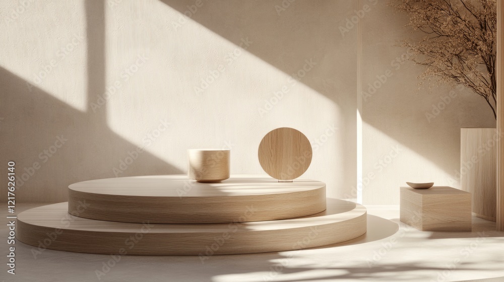 Minimalist interior design with wooden platforms and round elements in soft natural light Copy Space Minimalist interior design with wooden platforms and round elements in soft natural light Copy Space