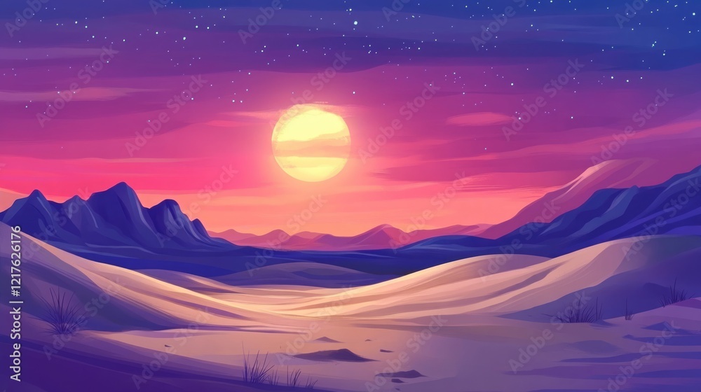 Vibrant sunset over desert landscape with mountains and stars in the sky Copy Space for text placement Vibrant sunset over desert landscape with mountains and stars in the sky Copy Space for text placement