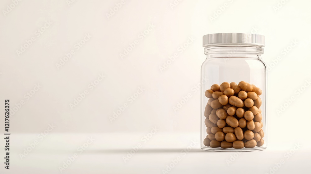 Transparent jar filled with brown soybeans on a light background with ample Copy Space for text placement Transparent jar filled with brown soybeans on a light background with ample Copy Space for text placement