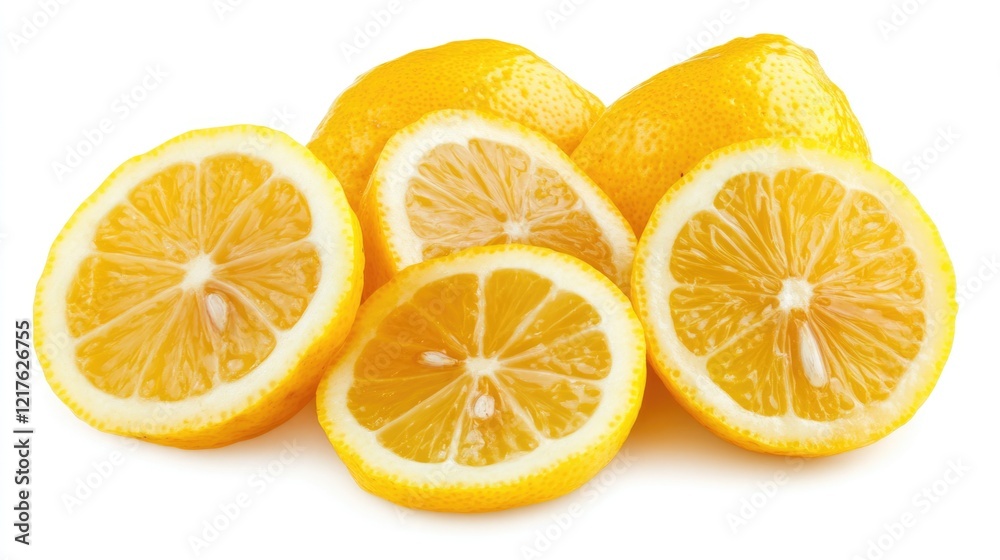 Freshly sliced lemons arranged on a white background with copy space for text. Freshly sliced lemons arranged on a white background with copy space for text.
