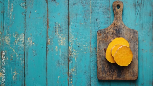 Sliced yellow squash on a rustic wooden cutting board with turquoise wooden background and ample copy space photo