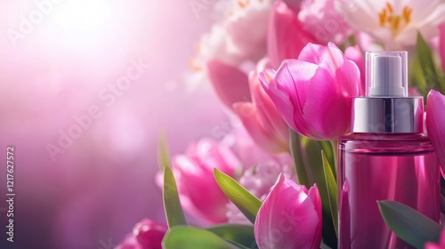 Pink floral background with tulips and a clear glass spray bottle surrounded by greenery Copy Space
