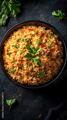 Turkish style rice pilaf in black bowl on dark background