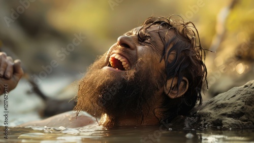 A joyful man with a beard laughing in a natural water setting, capturing pure bliss. photo