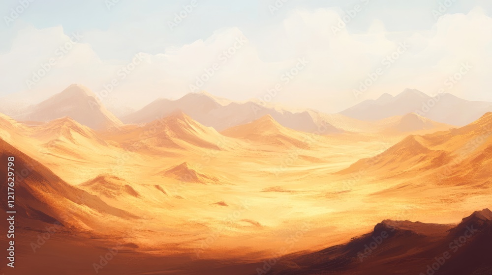 Fototapeta premium Desert landscape with rolling dunes and distant mountains under a clear sky ideal for adding text Copy Space