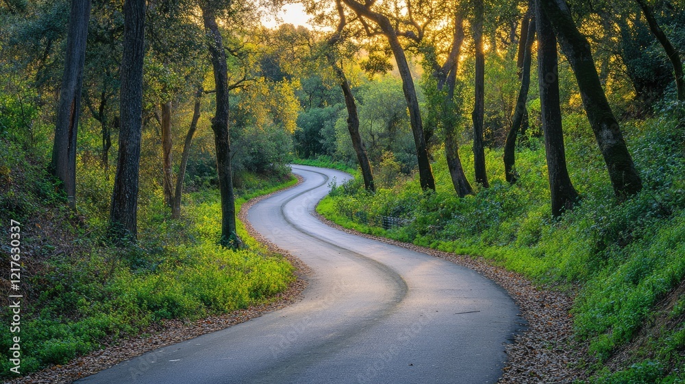 Winding road through a sunlit forest with trees lining the path and green foliage along the sides Copy Space Winding road through a sunlit forest with trees lining the path and green foliage along the sides Copy Space