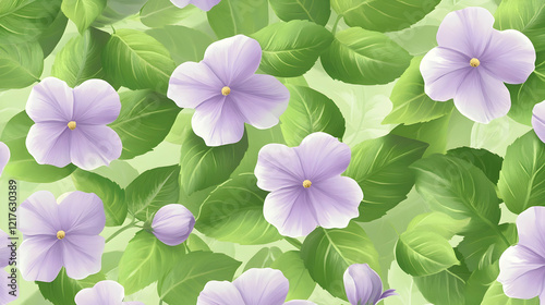 Beautiful seamless pattern featuring subtle florals in soft colors, showcasing delicate purple flowers and lush green leaves, ideal for design projects