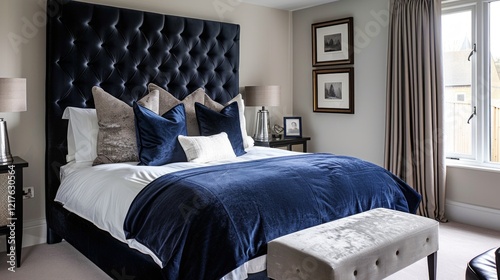 The bedroom is adorned with a velvet headboard in a deep navy color adding a sense of richness and refinement to the bedrooms
