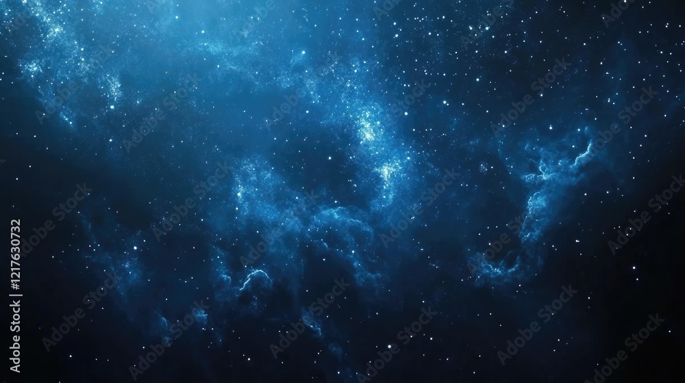 Obraz premium Abstract cosmic background with blue nebula and stars in deep space, ideal for digital art, copy space available for text.