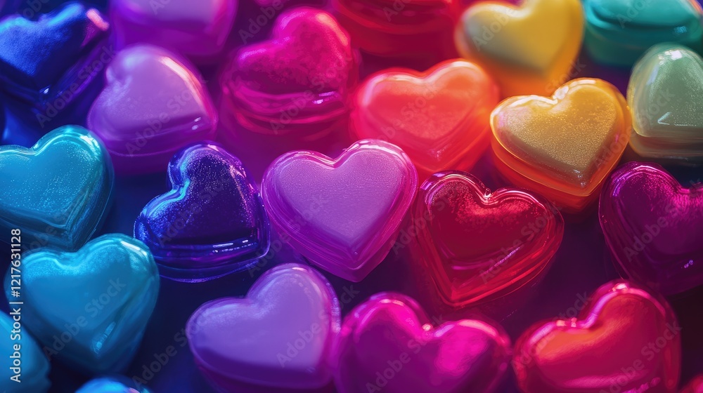 Colorful heart-shaped candies arranged in a random pattern with soft focus on background Copy Space available Colorful heart-shaped candies arranged in a random pattern with soft focus on background Copy Space available