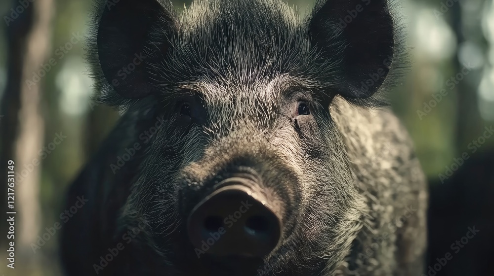 Wild boar close-up portrait with detailed features in natural forest environment, shallow depth of field and soft background, Copy Space. Wild boar close-up portrait with detailed features in natural forest environment, shallow depth of field and soft background, Copy Space.