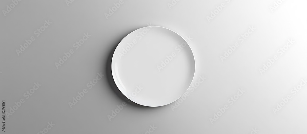 Empty white plate on a light gray gradient background with copy space for text or design elements Empty white plate on a light gray gradient background with copy space for text or design elements