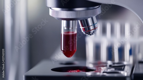 A detailed view of a blood sample being processed with a microscope in a clean, modern laboratory, Scientific style photo